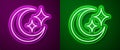 Glowing neon line Moon and stars icon isolated on purple and green background. Vector Royalty Free Stock Photo