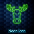 Glowing neon line Moose head with horns icon isolated on brick wall background. Vector Royalty Free Stock Photo