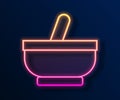 Glowing neon line Mortar and pestle icon isolated on black background. Vector