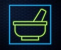Glowing neon line Mortar and pestle icon isolated on brick wall background. Vector Royalty Free Stock Photo