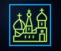 Glowing neon line Moscow symbol - Saint Basil`s Cathedral, Russia icon isolated on brick wall background. Vector Royalty Free Stock Photo