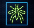 Glowing neon line Mosquito icon isolated on brick wall background. Vector