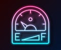 Glowing neon line Motor gas gauge icon isolated on black background. Empty fuel meter. Full tank indication. Vector