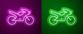 Glowing neon line Motorcycle icon isolated on purple and green background. Vector Illustration.