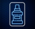 Glowing neon line Mouthwash plastic bottle icon isolated on brick wall background. Liquid for rinsing mouth. Oralcare