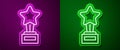 Glowing neon line Movie trophy icon isolated on purple and green background. Academy award icon. Films and cinema symbol