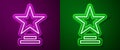 Glowing neon line Movie trophy icon isolated on purple and green background. Academy award icon. Films and cinema symbol