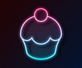 Glowing neon line Muffin icon isolated on black background. Vector