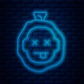Glowing neon line Murder icon isolated on brick wall background. Body, bleeding, corpse, bleeding icon. Dead head
