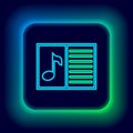 Glowing neon line Music book with note icon isolated on black background. Music sheet with note stave. Notebook for Royalty Free Stock Photo