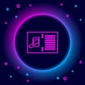 Glowing neon line Music book with note icon isolated on black background. Music sheet with note stave. Notebook for Royalty Free Stock Photo