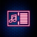 Glowing neon line Music book with note icon isolated on brick wall background. Music sheet with note stave. Notebook for Royalty Free Stock Photo