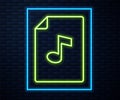 Glowing neon line Music book with note icon isolated on brick wall background. Music sheet with note stave. Notebook for Royalty Free Stock Photo