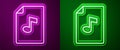 Glowing neon line Music book with note icon isolated on purple and green background. Music sheet with note stave Royalty Free Stock Photo