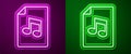 Glowing neon line Music book with note icon isolated on purple and green background. Music sheet with note stave Royalty Free Stock Photo