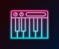 Glowing neon line Music synthesizer icon isolated on black background. Electronic piano. Vector