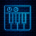 Glowing neon line Music synthesizer icon isolated on brick wall background. Electronic piano. Vector Royalty Free Stock Photo