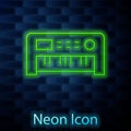 Glowing neon line Music synthesizer icon isolated on brick wall background. Electronic piano. Vector Royalty Free Stock Photo