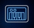 Glowing neon line Music synthesizer icon isolated on brick wall background. Electronic piano. Vector Royalty Free Stock Photo