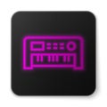 Glowing neon line Music synthesizer icon isolated on white background. Electronic piano. Black square button. Vector