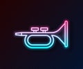 Glowing neon line Musical instrument trumpet icon isolated on black background. Vector Royalty Free Stock Photo