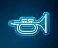 Glowing neon line Musical instrument trumpet icon isolated on blue background. Vector Royalty Free Stock Photo