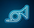 Glowing neon line Musical instrument trumpet icon isolated on blue background. Vector Royalty Free Stock Photo