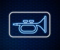 Glowing neon line Musical instrument trumpet icon isolated on brick wall background. Vector Royalty Free Stock Photo