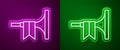 Glowing neon line Musical instrument trumpet icon isolated on purple and green background. Vector Royalty Free Stock Photo
