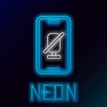 Glowing neon line Mute microphone on mobile phone icon isolated on black background. Microphone audio muted. Colorful Royalty Free Stock Photo