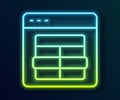 Glowing neon line MySQL code icon isolated on black background. HTML Code symbol for your web site design. Vector