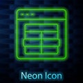 Glowing neon line MySQL code icon isolated on brick wall background. HTML Code symbol for your web site design. Vector
