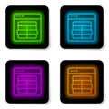 Glowing neon line MySQL code icon isolated on white background. HTML Code symbol for your web site design. Black square