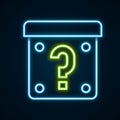 Glowing neon line Mystery box or random loot box for games icon isolated on black background. Question mark. Unknown Royalty Free Stock Photo