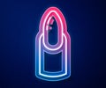 Glowing neon line Nail manicure icon isolated on blue background. Vector