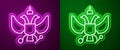 Glowing neon line National emblem of Russia icon isolated on purple and green background. Russian coat of arms two