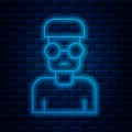 Glowing neon line Nerd geek icon isolated on brick wall background. Vector Royalty Free Stock Photo