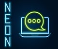 Glowing neon line New chat messages notification on laptop icon isolated on black background. Smartphone chatting sms Royalty Free Stock Photo