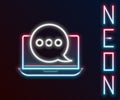 Glowing neon line New chat messages notification on laptop icon isolated on black background. Smartphone chatting sms Royalty Free Stock Photo