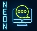 Glowing neon line New chat messages notification on monitor icon isolated on black background. Smartphone chatting sms Royalty Free Stock Photo