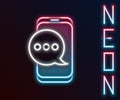 Glowing neon line New chat messages notification on phone icon isolated on black background. Smartphone chatting sms Royalty Free Stock Photo