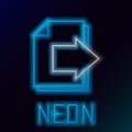 Glowing neon line Next page arrow icon isolated on black background. Document file with arrow. Send document. Colorful