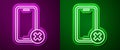 Glowing neon line No cell phone icon isolated on purple and green background. No talking and calling sign. Cell