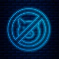 Glowing neon line No pig icon isolated on brick wall background. Stop pork. Animal symbol. Vector