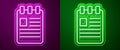 Glowing neon line Notebook icon isolated on purple and green background. Spiral notepad icon. School notebook. Writing