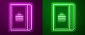 Glowing neon line Notebook icon isolated on purple and green background. Spiral notepad icon. School notebook. Writing