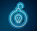 Glowing neon line Nuclear bomb icon isolated on blue background. Rocket bomb flies down. Vector Royalty Free Stock Photo