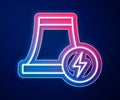 Glowing neon line Nuclear power plant icon isolated on blue background. Energy industrial concept. Vector