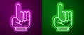 Glowing neon line Number 1 one fan hand glove with finger raised icon isolated on purple and green background. Symbol of Royalty Free Stock Photo