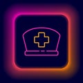 Glowing neon line Nurse hat with cross icon isolated on black background. Medical nurse cap sign. Colorful outline Royalty Free Stock Photo